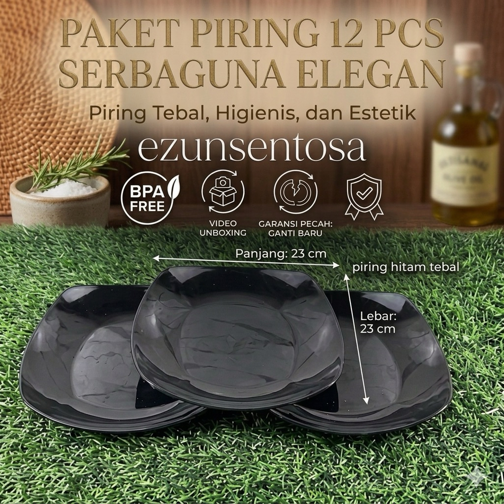 (12 pcs ) Piring Kotak Hitam Piring Teriyaki Hitam Tebal WD