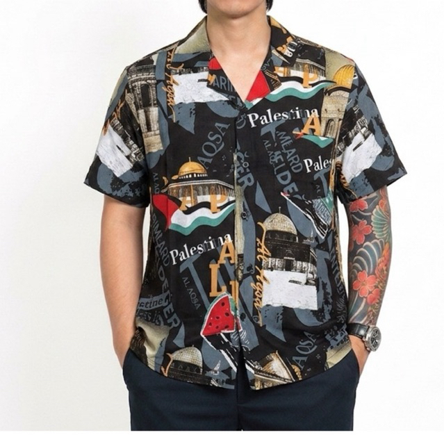 NRKY kemeja lengan pendek pria full print bahan rayon Palestina