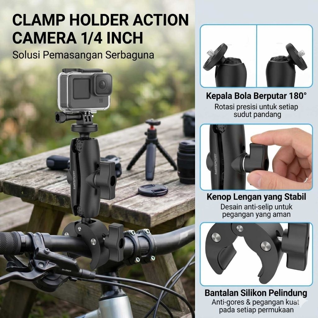 Holder Kamera Action Motor Clamp 1/4 Inch Mount Stabil Anti Guncang 360° Ball Joint Adjustable POV T