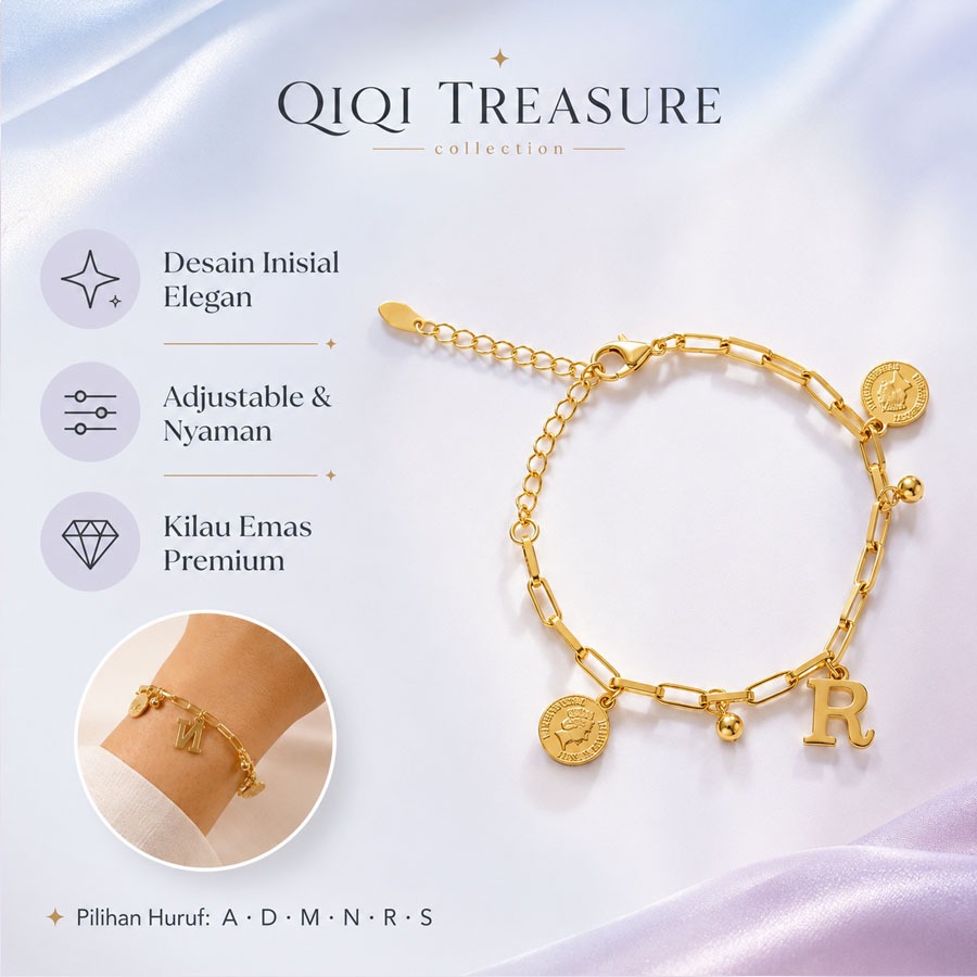 Gelang Wanita Inisial Huruf A D M N R S Adjustable Aksen Koin Warna Emas Elegan Fashion Jewelry Hadi