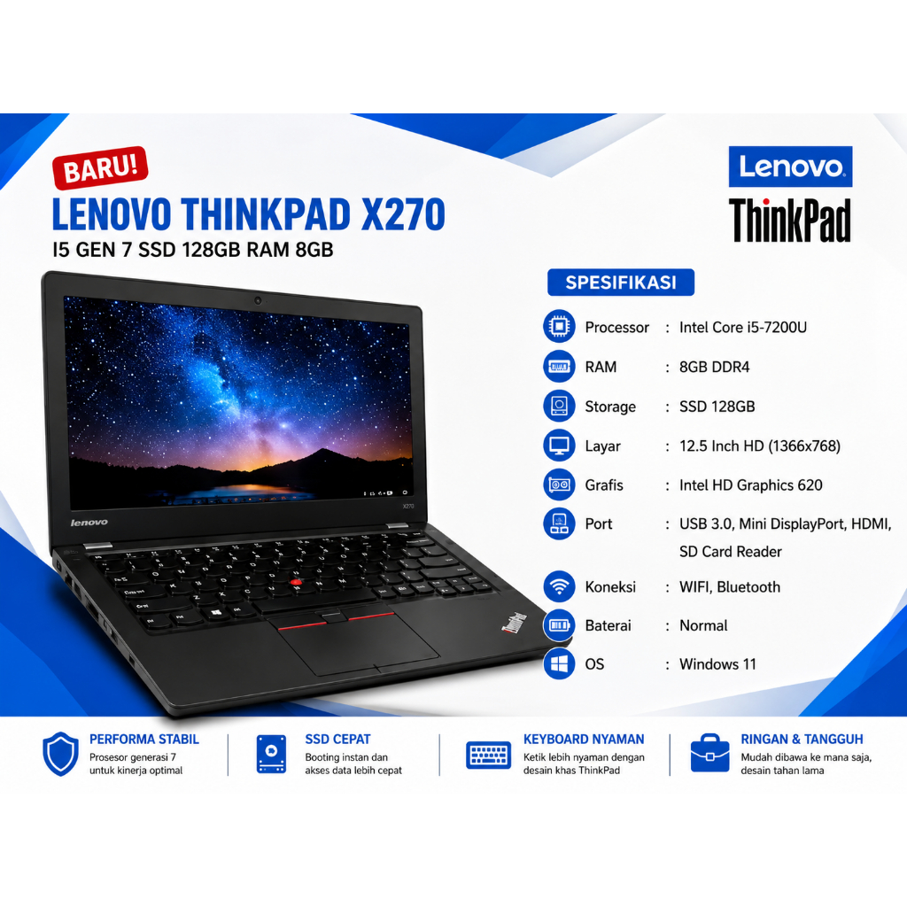 lenovo thinkpad x270 i5 gen 7 ssd 128gb ram 8gb/Laptop second mulus
