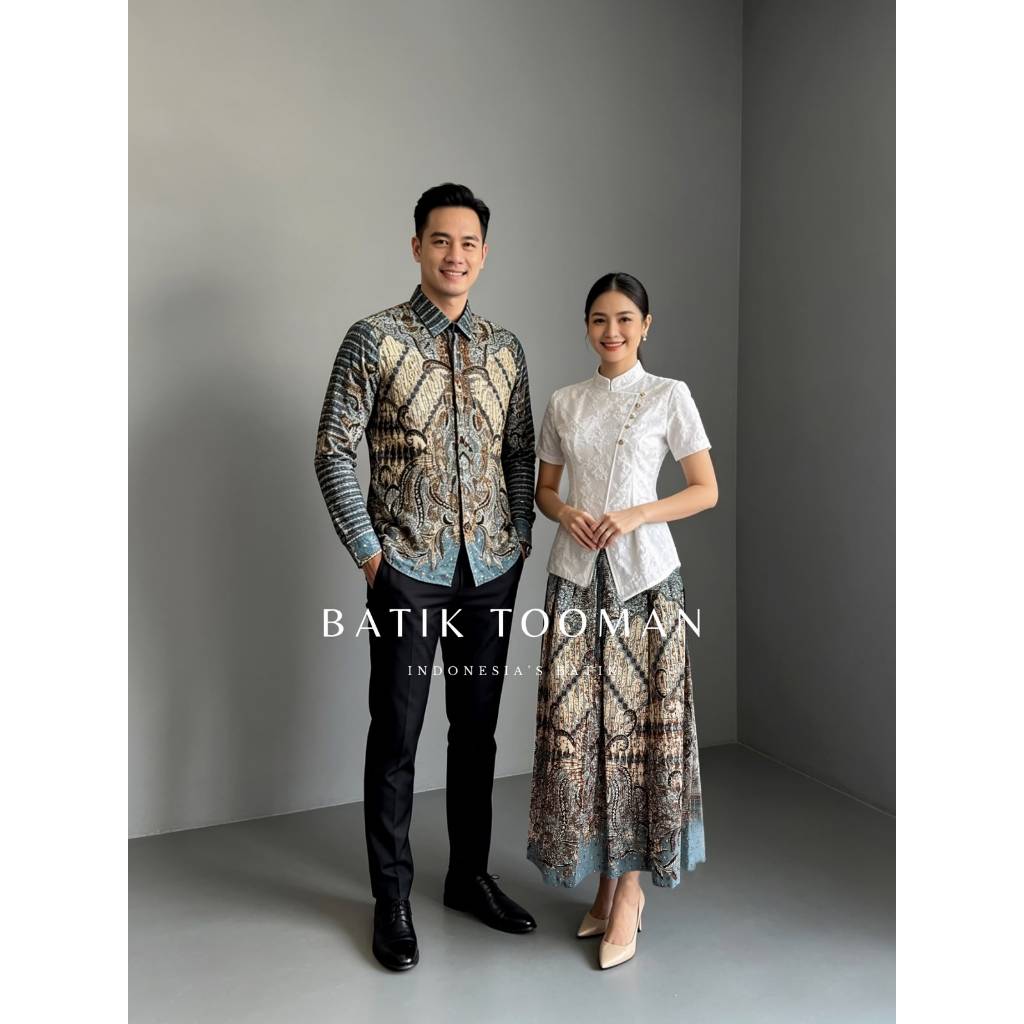COUPLE BIRUNI SOFT DENIM Sarimbit Kemeja Rok Batik Flared Payung Bahan Katun Halus Primisima