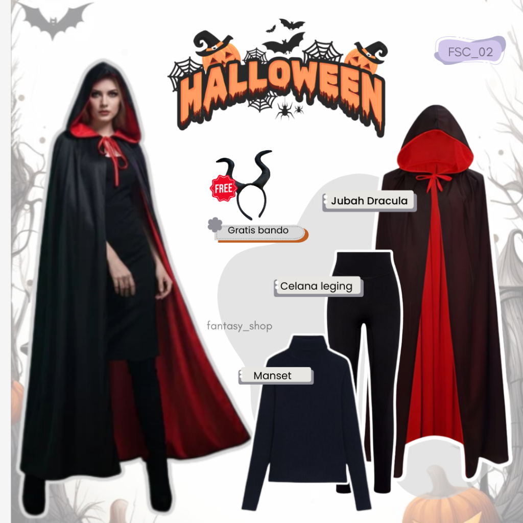 Dress code Haloween  jubah Dracula 2 warna Hitam merah | Oneset vampier simpel