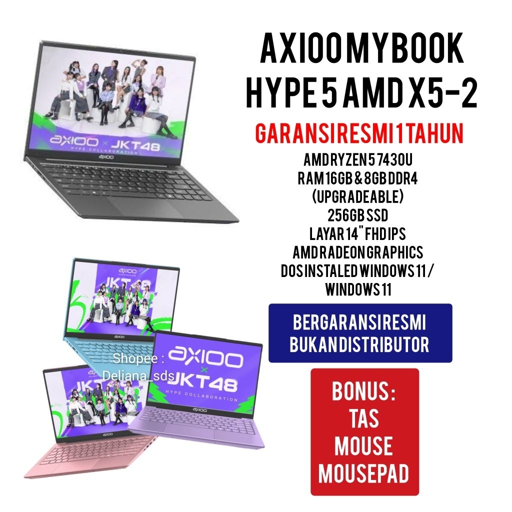 Laptop Axioo Mybook Hype 5 X5-2 Ryzen 5 7430U 8GB/256GB SSD 14" FHD IPS Windows 11 Garansi Resmi 1 T