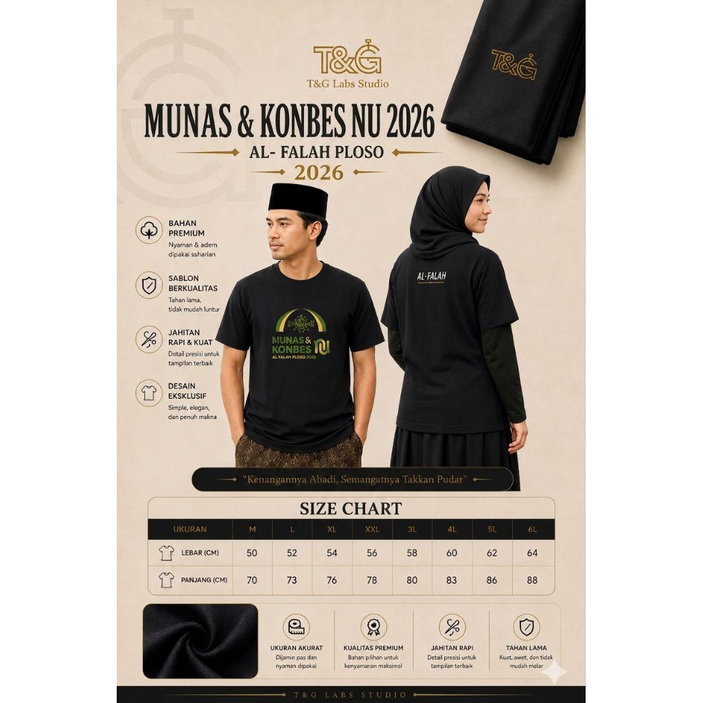 Kaos MUNAS & KONBES NU 2026 Al-Falah Ploso | Kaos Event NU Premium | Kaos Komunitas Islami | Lengan 