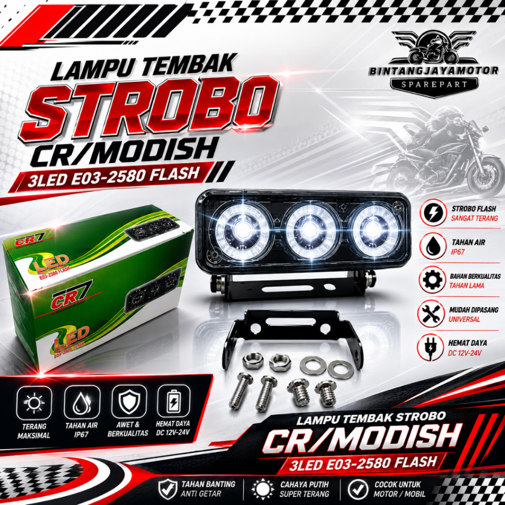 Lampu Tembak Strobo { CR7/MODISH } 3LED E03 - 2580 Flash Universal