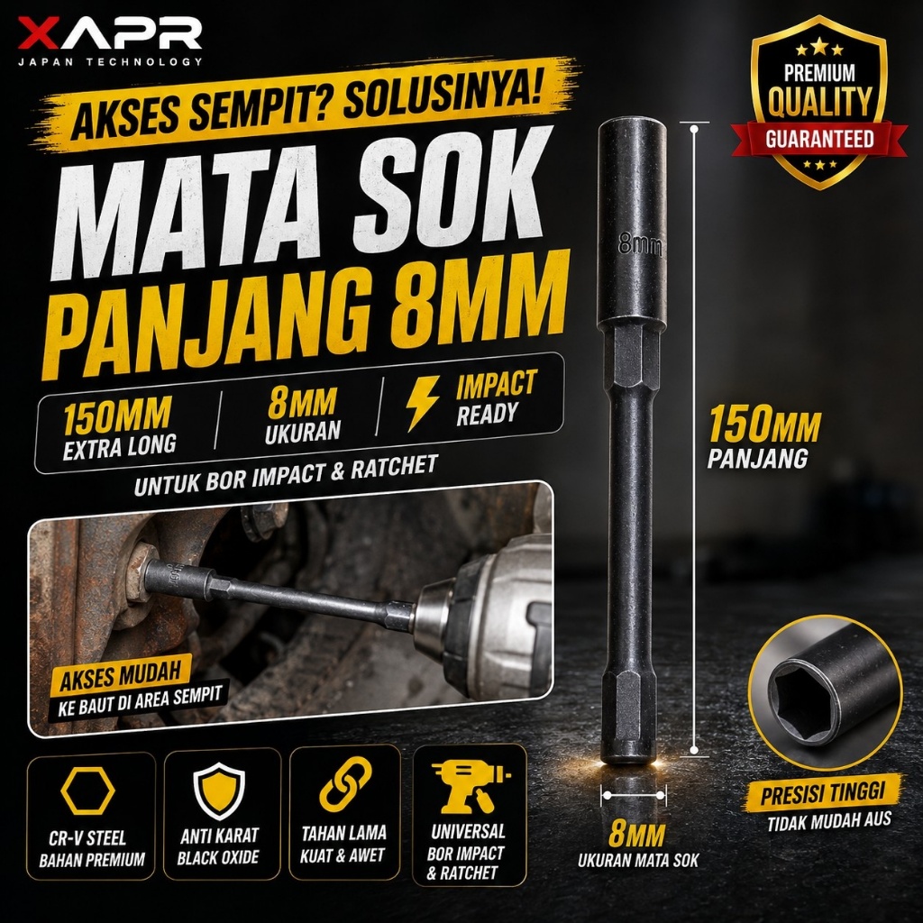 APR JAPAN MATA SOK PANJANG 8MM CVT RODA MUR 1/2 INCH S09 HEX SOCKET HEAD ADAPTOR POWERTOOLS OFFICIAL
