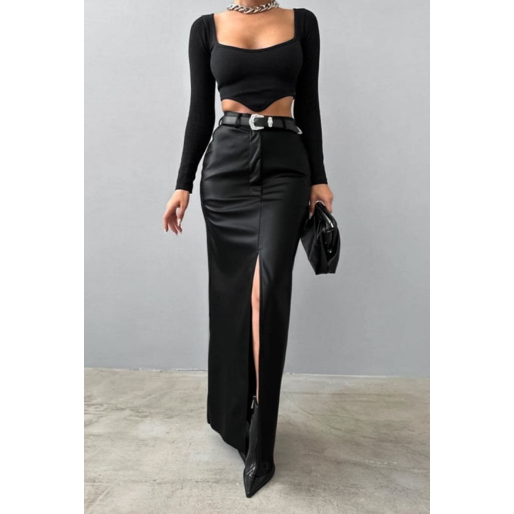Rok Panjang Maxi High Waist Slit | PU Leather Skirt Wanita Elegant Sexy