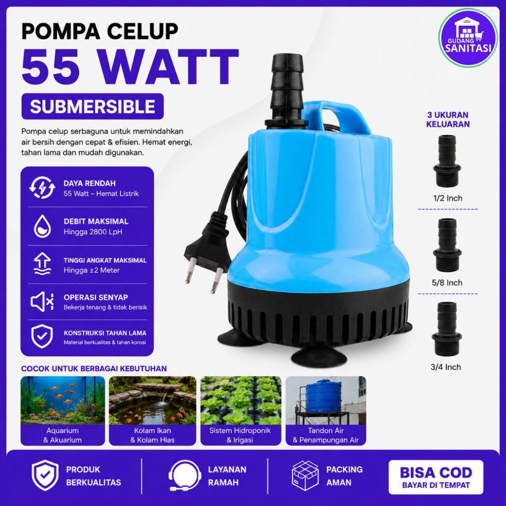Pompa Air Celup Kolam Pompa Akuarium 55 Watt Mesin Air Submersible Pompa Kolam Sirkulasi Air Terjun