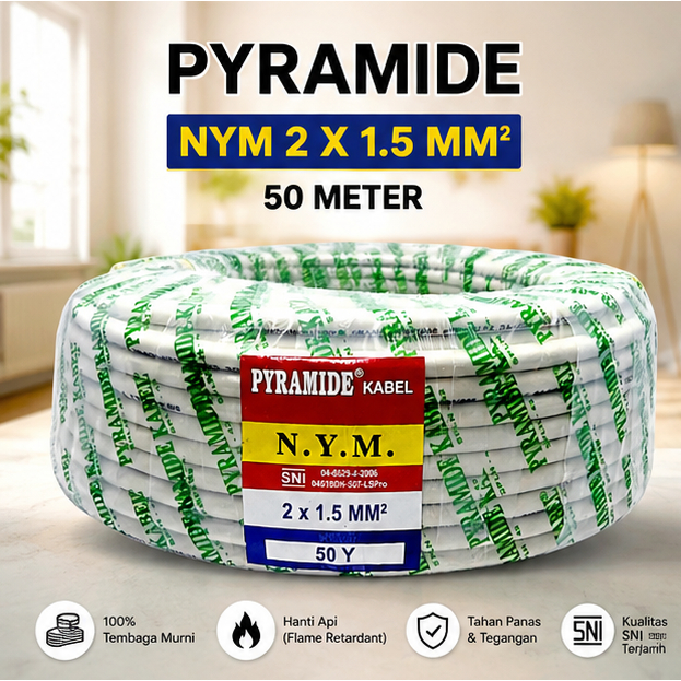 Kabel Listrik Tembaga Asli NYM 2 x 1.5 x 50 YARD | Kabel Kawat 1 Roll SNI - PYRAMIDE