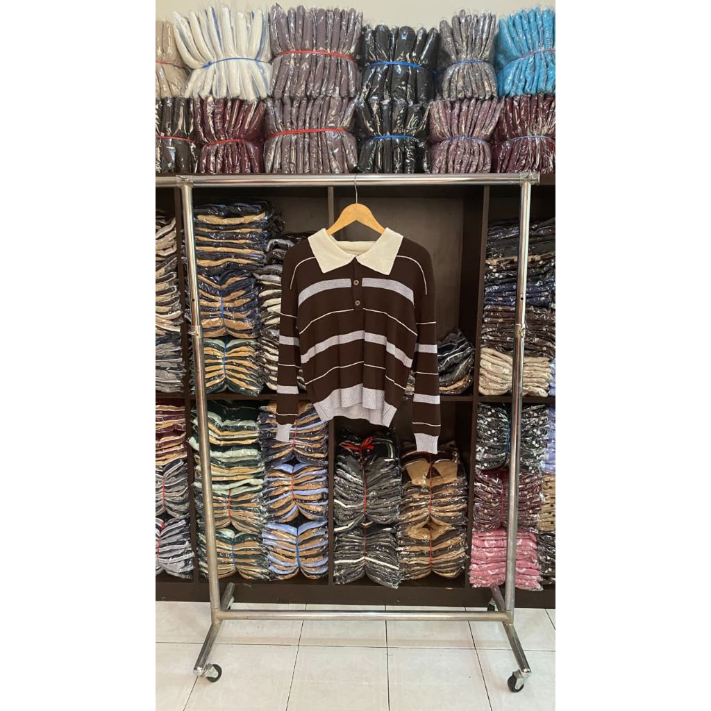Shadira polo stripes knit - atasan polo rajut wanita - Korean Polo knit/ Striped knit