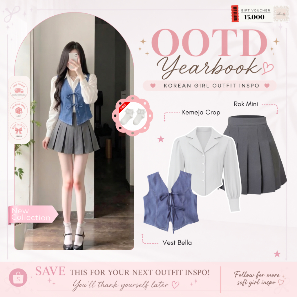 Korean School Girl Outfit ( Kemeja Crop + Vest Bella + Rok Mini ) Fashion Korea Wanita Satu Set - LV