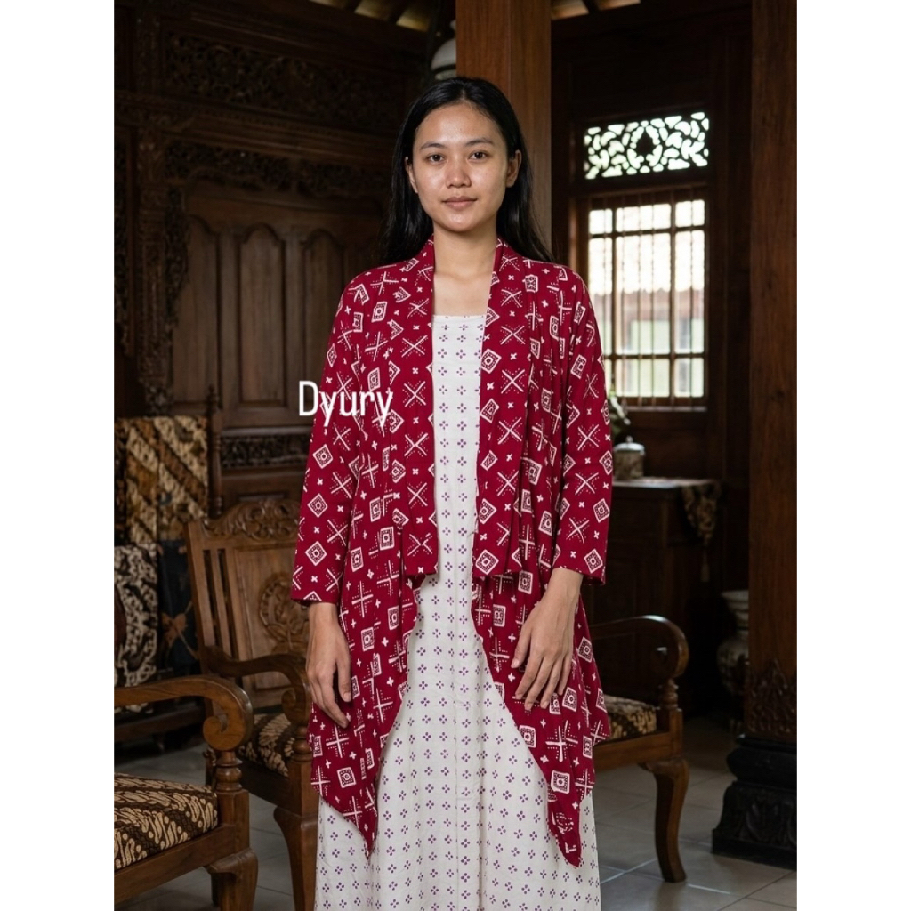 Outer Batik Panjang Wanita Kerja Modern Jumbo Eksklusif Premium Cap Handmade Solo Warna Merah Maroon