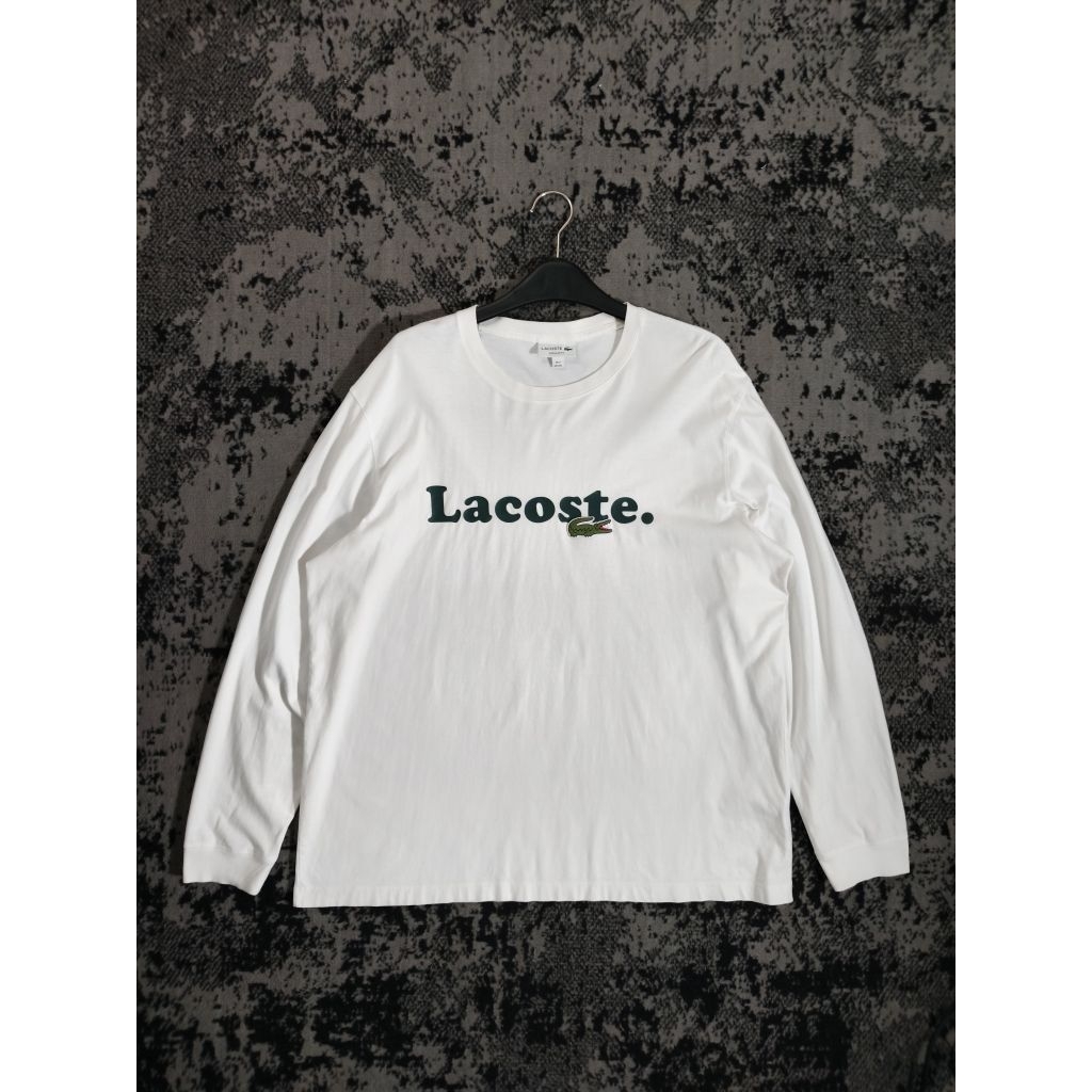 Kaos Tshirt Lacoste Longsleeve Bordir Putih