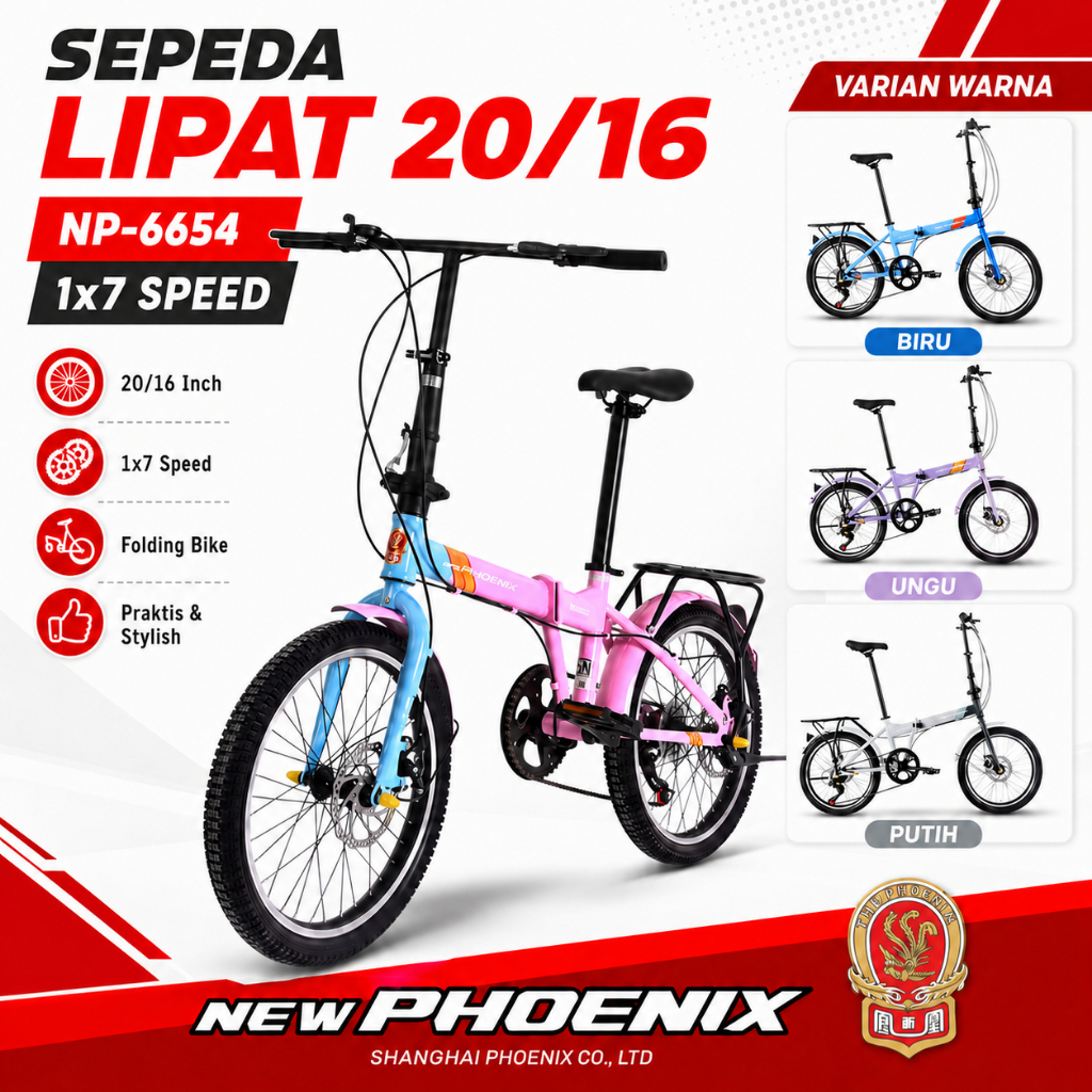 Sepeda Lipat NEW PHOENIX 16 20 inch NP 6651 6652 1x7 Speed Hi Teen Steel