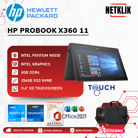 Laptop Touchscreen HP Probook X360 11 Intel N5030 8GB 256GB SSD WIN10 PRO Warna Black