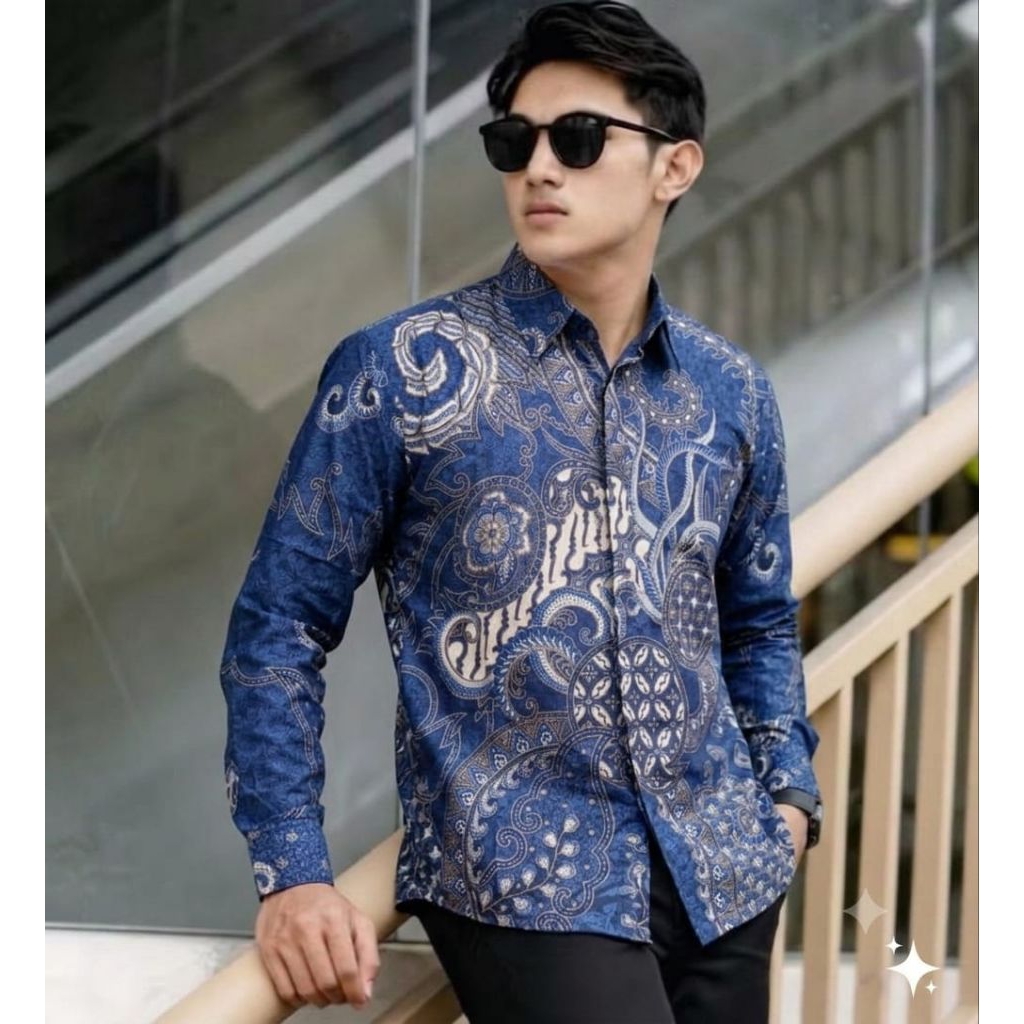 KEMEJA BATIK PRIA LENGAN PANJANG PENDEK BIRU PUTIH  BATIK TENGARAN