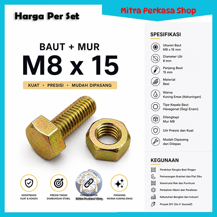 Baut Mur Besi Siku Lubang 8x15 / M8x15 Kuning Kunci 12 / Baut Siku Lubang / Baut Mur M8 x 15 Kuning 