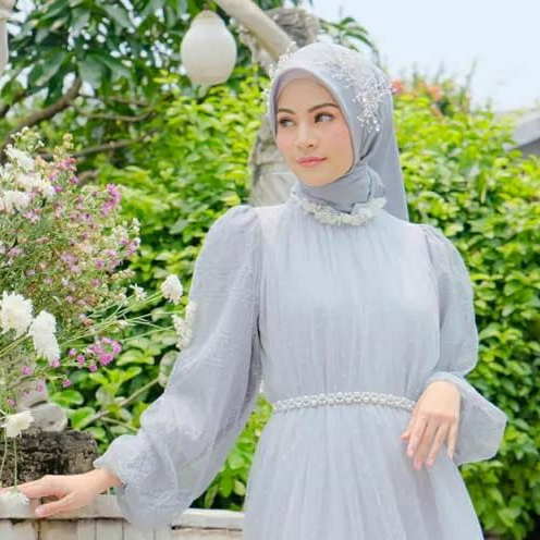 Gaun Pesta Wollycrep / WOLFIS Kombinasi Tulle Dot / Dress Muslimah Simple Elegan Bisa Request Ukuran
