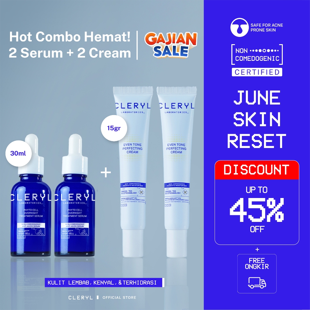 CLERYL New Combo Hemat 2 Serum + 2 Even Tone Cream 15ml/30ml | Serum Wajah Brightening Anti Aging | 