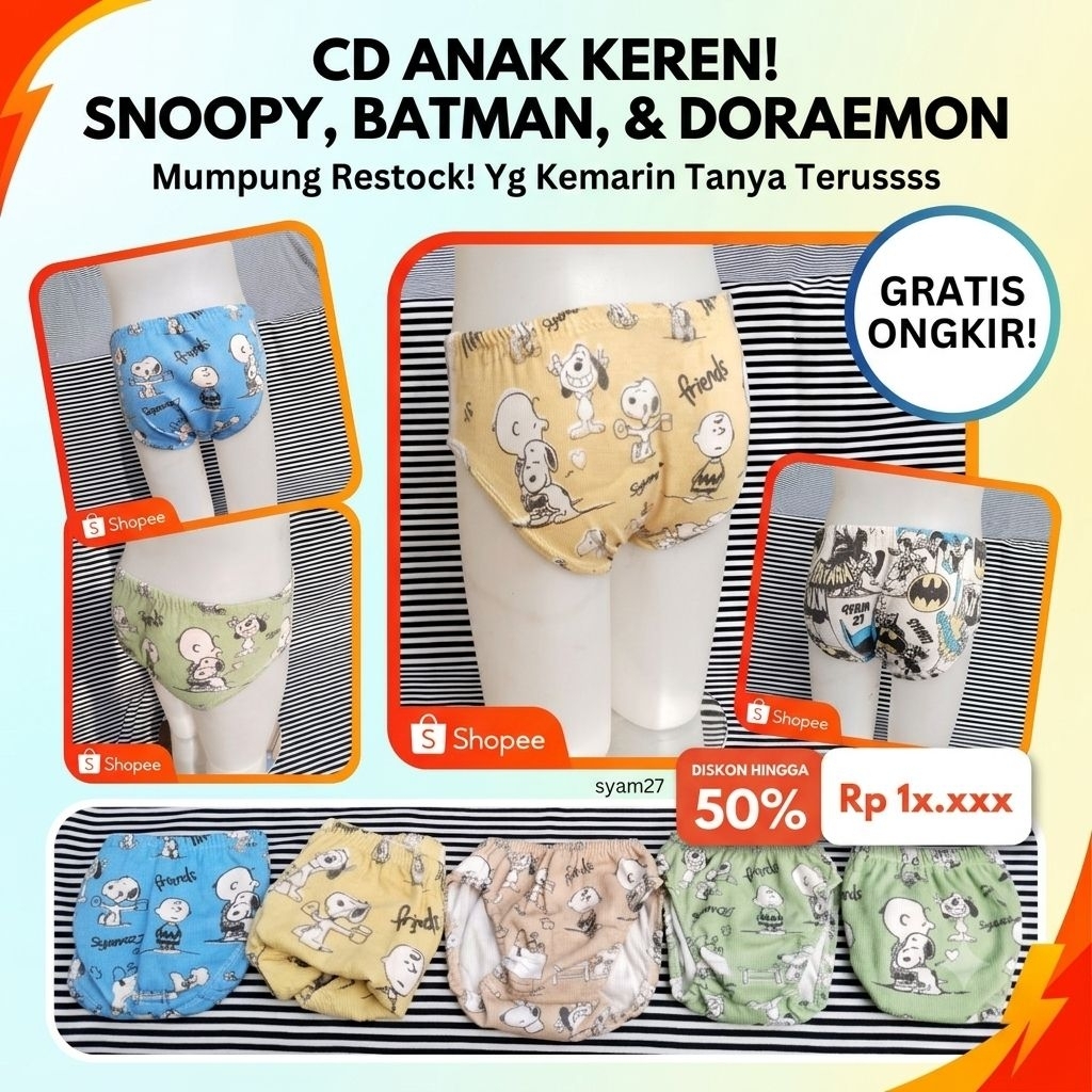 paket ​Celana Dalam Anak Karakter Lucu Lembut / CD Anak Cowok Cewek Motif Snoopy Batman Doraemon Mur