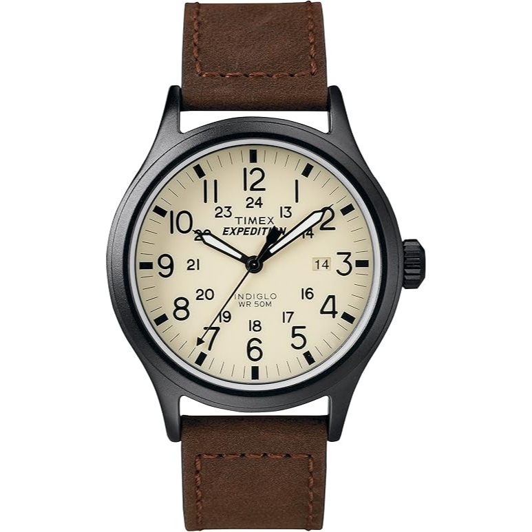 Timex Expedition Scout T49963 Indiglo Biege Dial Brown Leather Strap