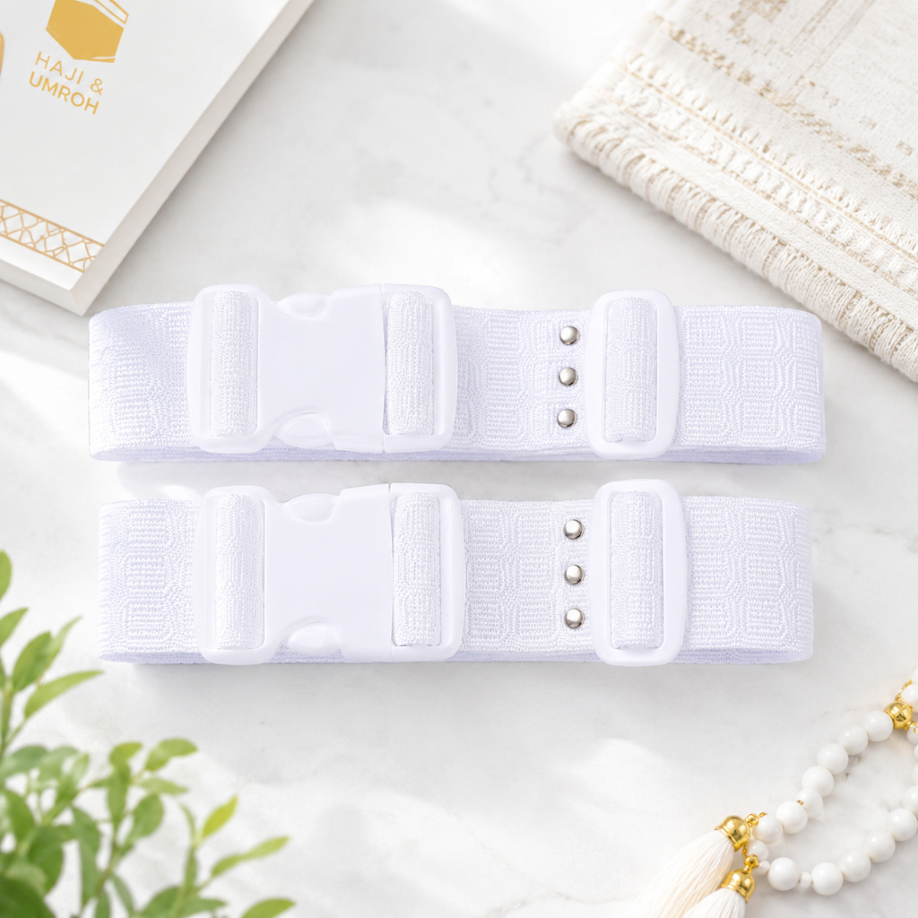 Ikat Pinggang Kain Ihram Haji Umroh Premium - Sabuk Slop Putih Motif Jacquard