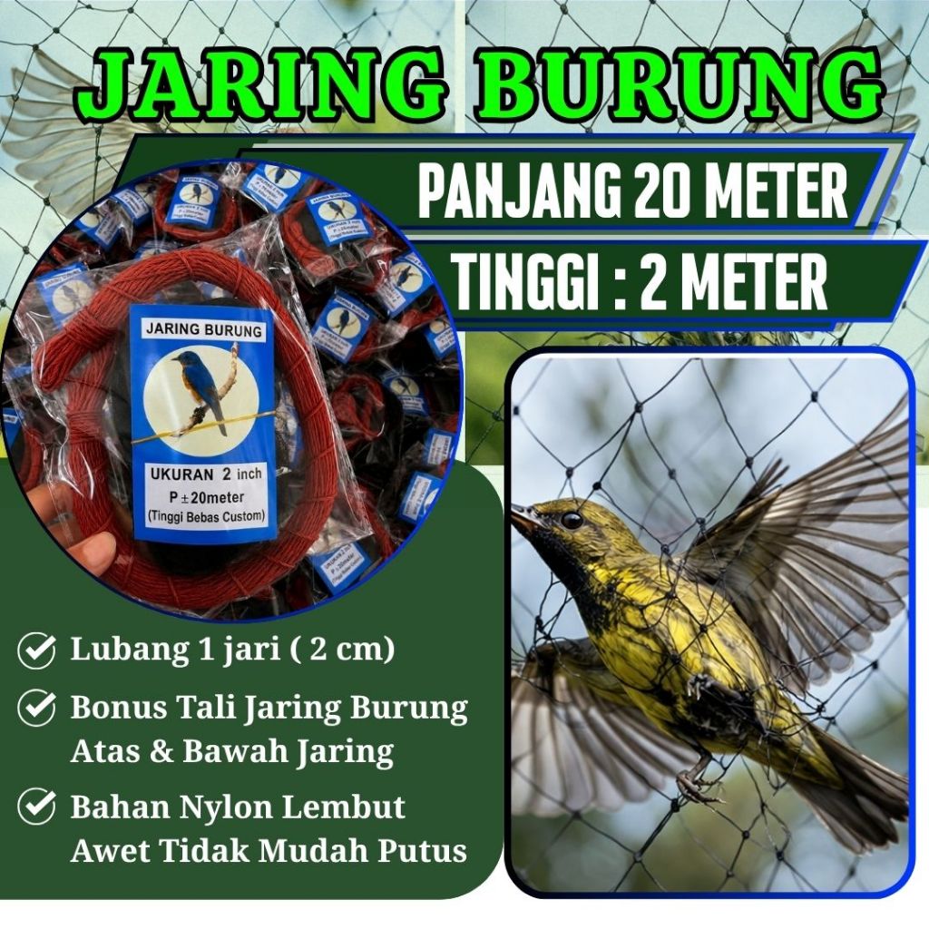 Jaring burung emprit siap pakai bonus tali Lubang Kecil 1 Jari 2" Bahan senar tebal 0.15mm. Ukuran j