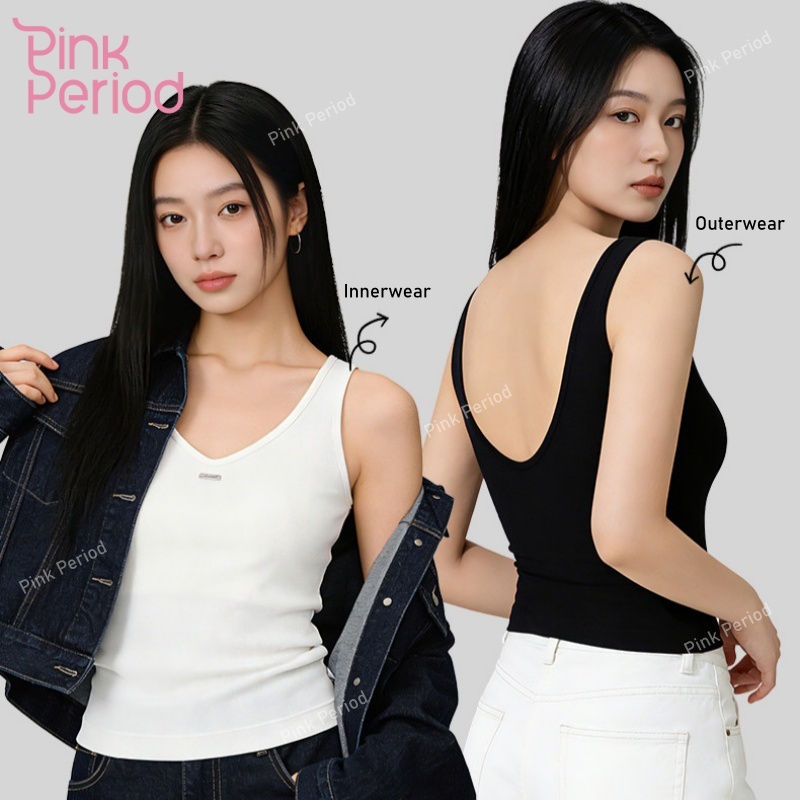 Pink Period Tank Top Wanita Dengan Cup V Neck Tali Besar Tank Top Bra Kain Modal Lenzing Sexy Backle