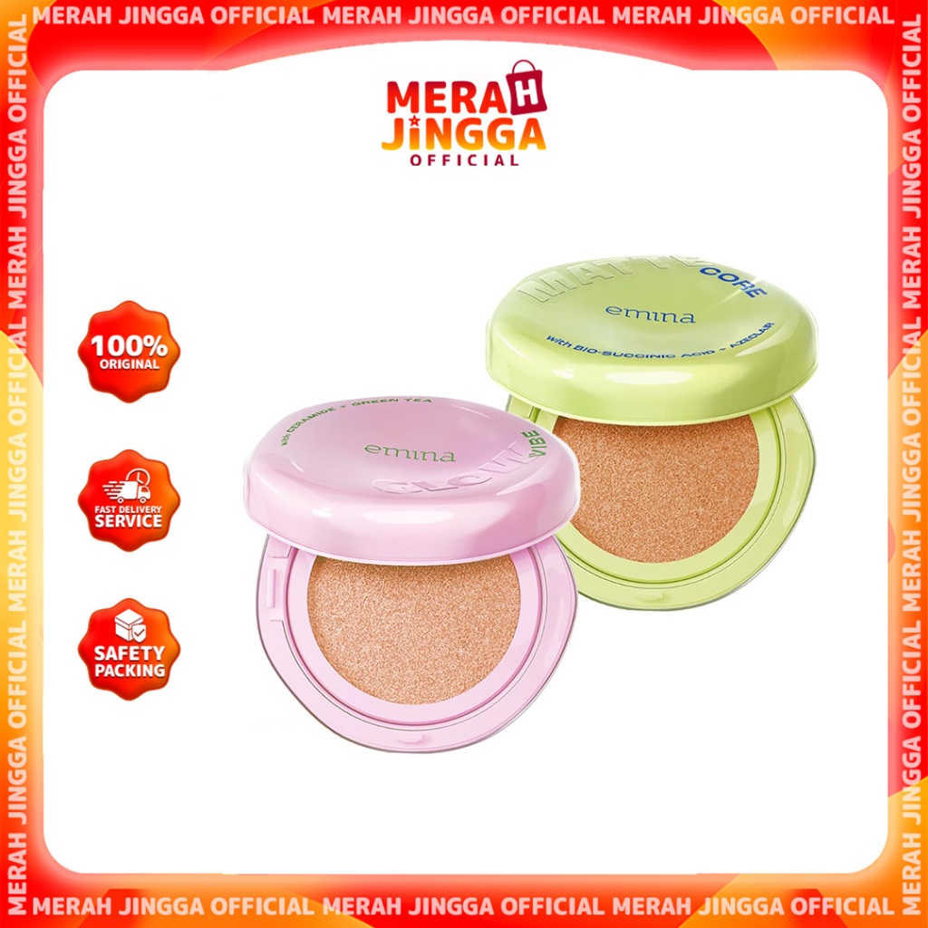 Emina Glow & Matte 3in1 Skincare Cushion SPF 50 PA++++ 13g Flawless Lightweigh Merah Jingga Official