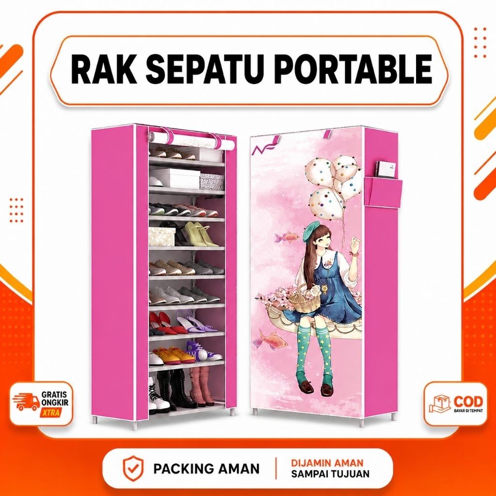 rak sepatu portable bongkar pasang rak sepatu anak kos karakter 9 ruang/ 9 tingkat