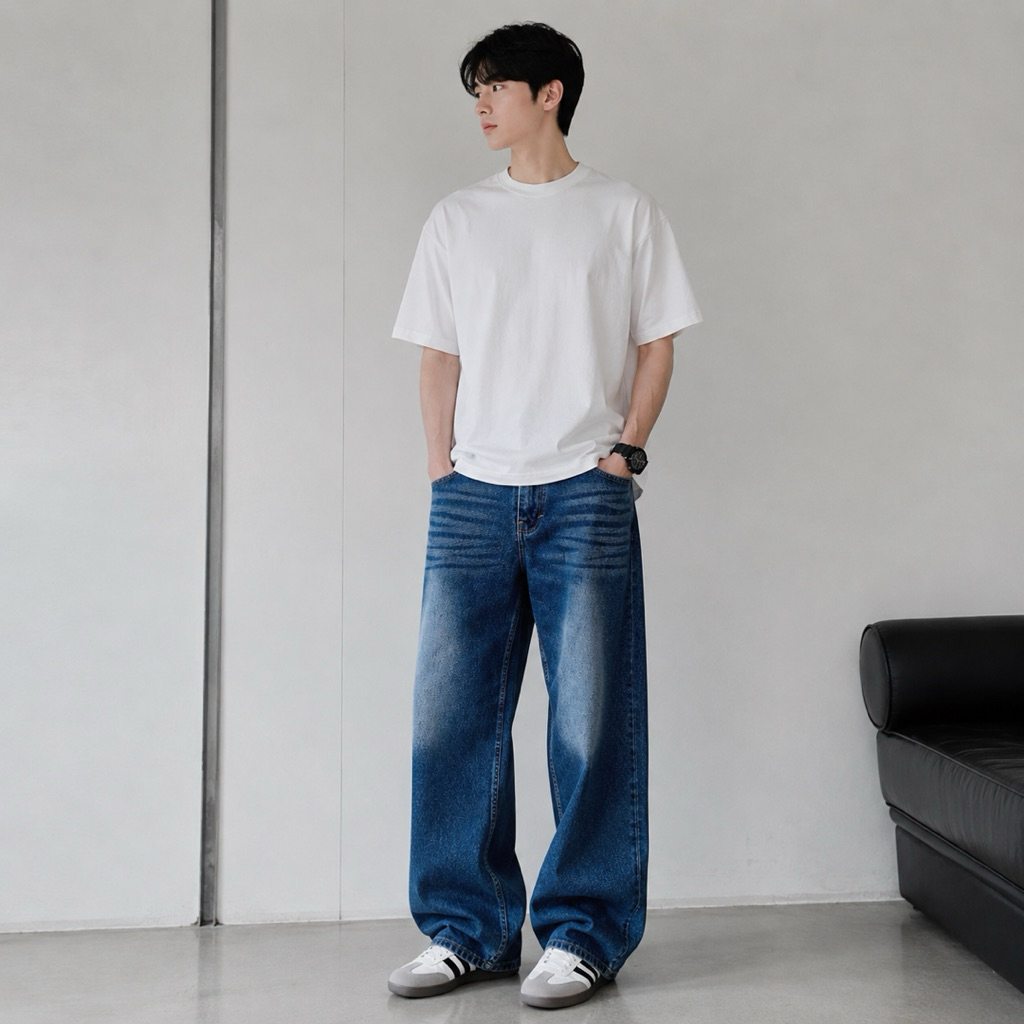 Celana Jeans Panjang Pria Korean style Celana Loosefit Wisker Retro/Baggy Jeans Pria Gombrong Skena 