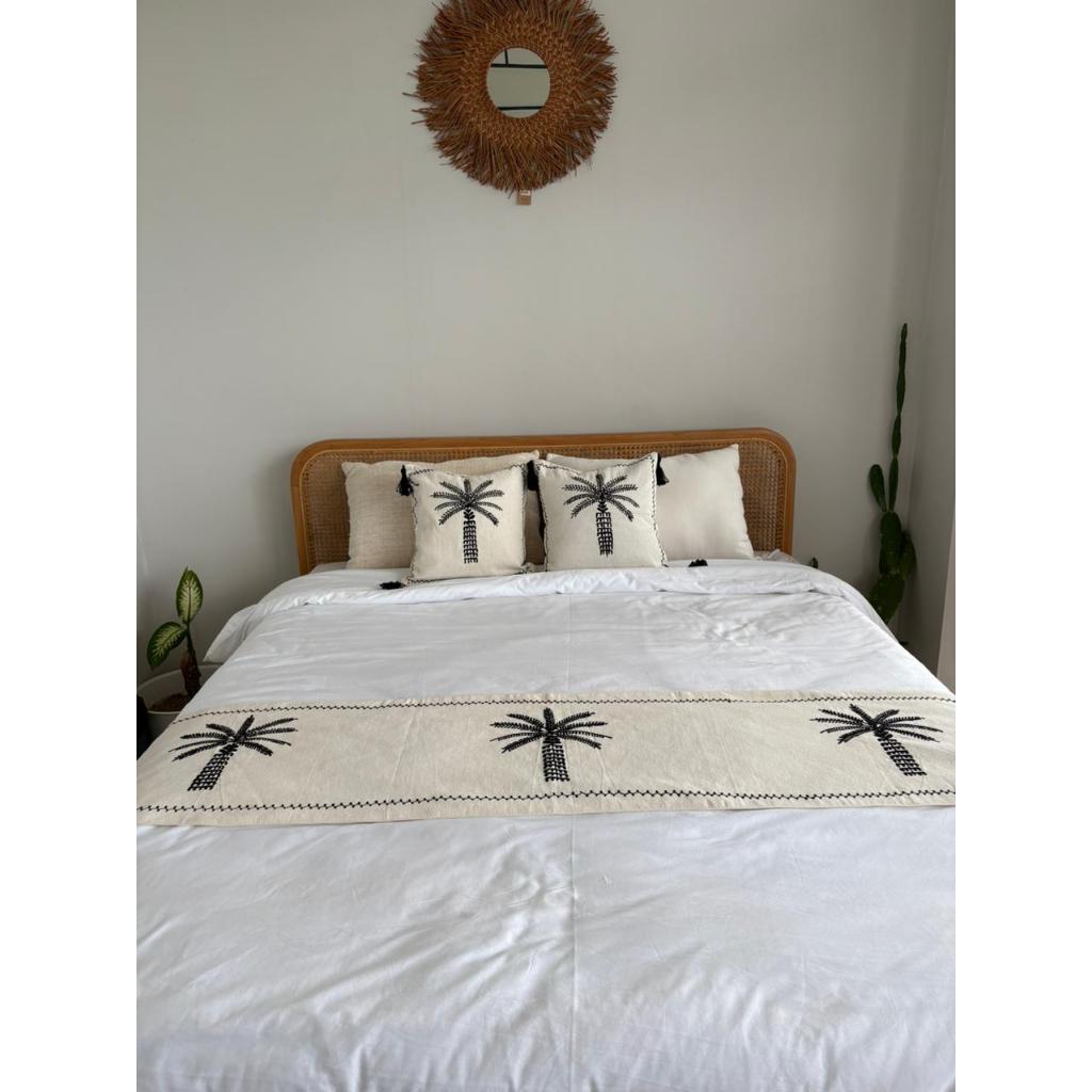 Palm Tree Embroidery Cushion Cover & Bed Runner Set – Sarung Bantal Sofa Bordir Estetik dengan Tasse