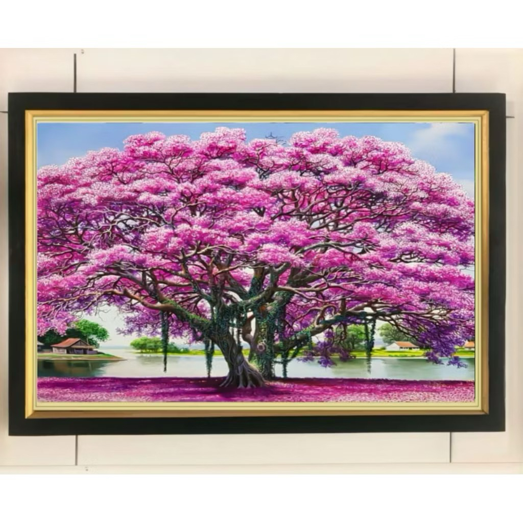 Hiasan dinding lukisan cetak + bingkai gambar bunga sakura ukuran 40x60