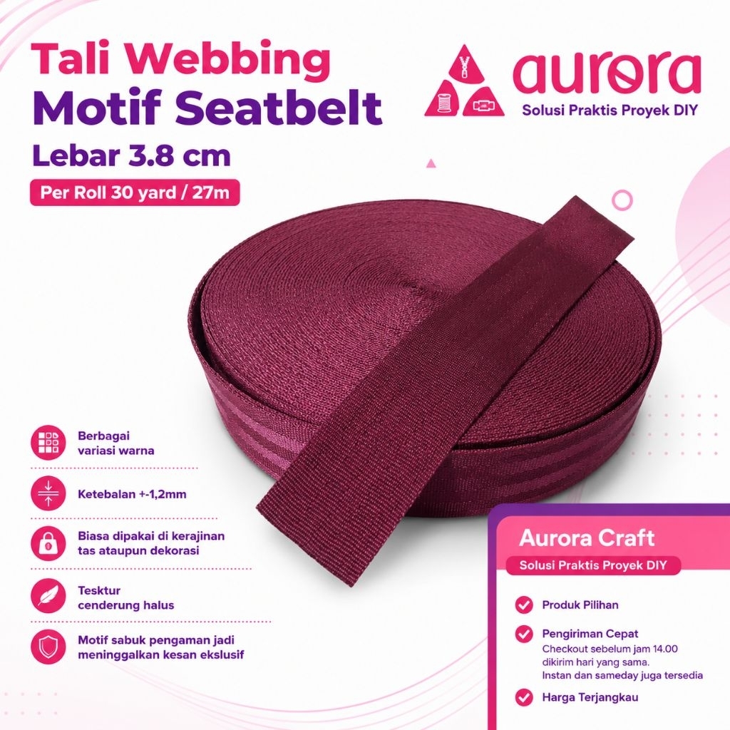 Tali Webbing Motif Seatbelt 3.8 cm Per Roll 30 Yard (27 Meter) | Webbing Halus Tebal 1.2 mm untuk Ta