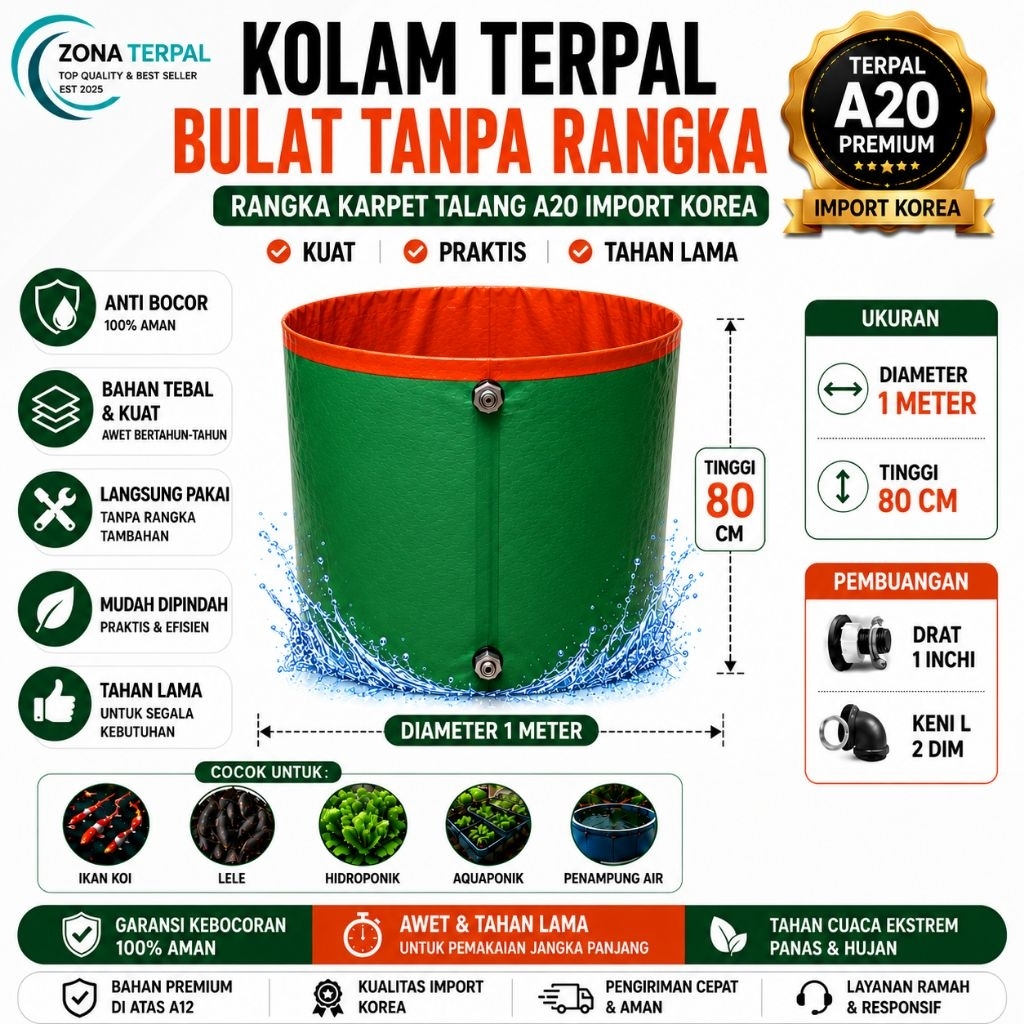 Kolam Terpal Bulat Tanpa Rangka A20 Premium Import Korea Diameter 1m Tinggi 80cm Kolam Lele Nila Gur