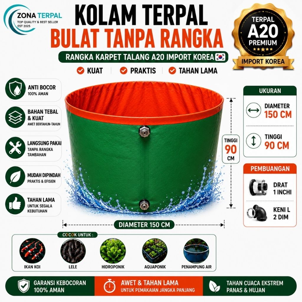 Kolam Terpal Bulat Tanpa Rangka A20 Premium Import Korea Diameter 150cmm Tinggi 90cm - D1,5 T09 Kola