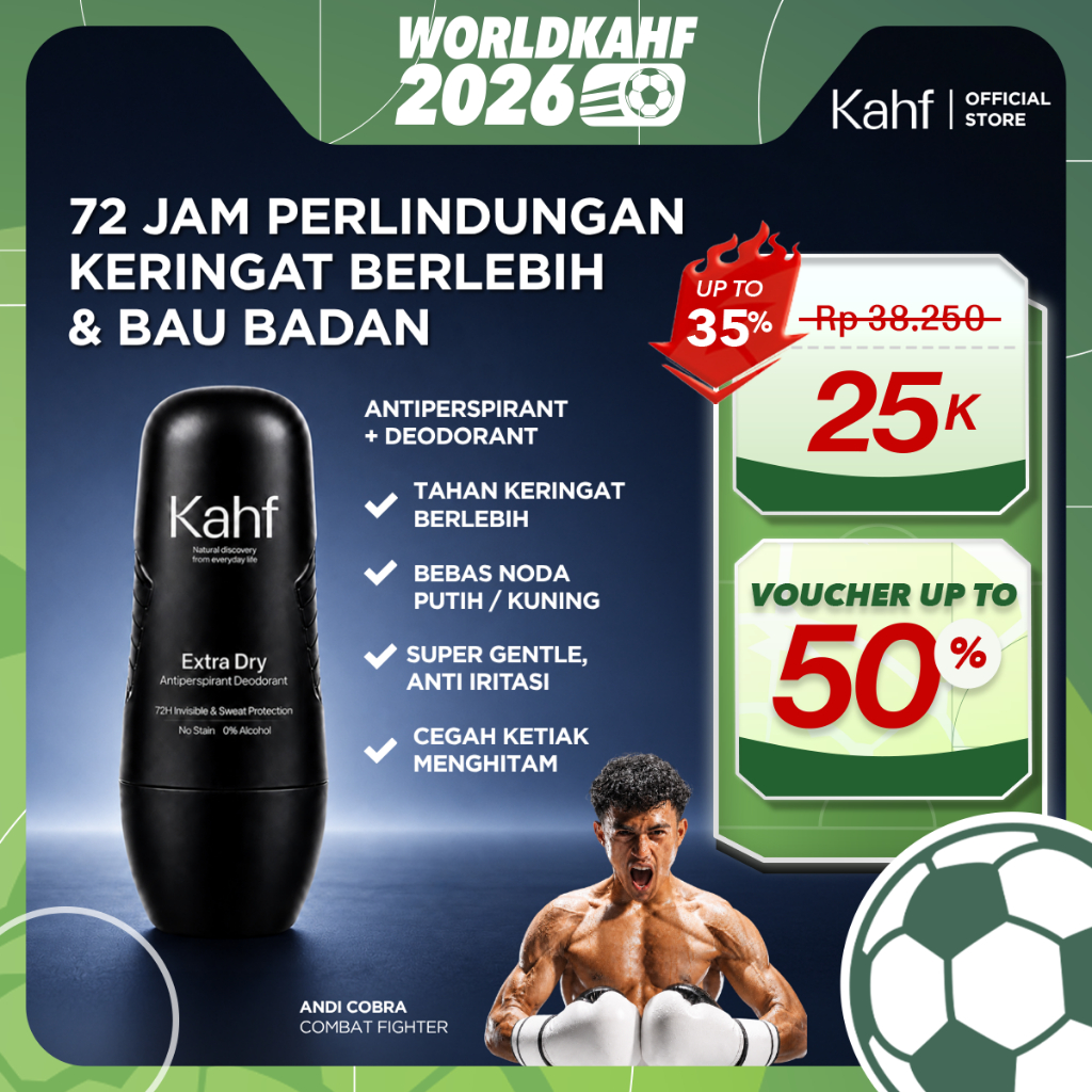 Kahf Extra Dry Antiperspirant Deodorant Roll On 45 ml - Freshness All Day, 0% Alcohol, Easy Applicat