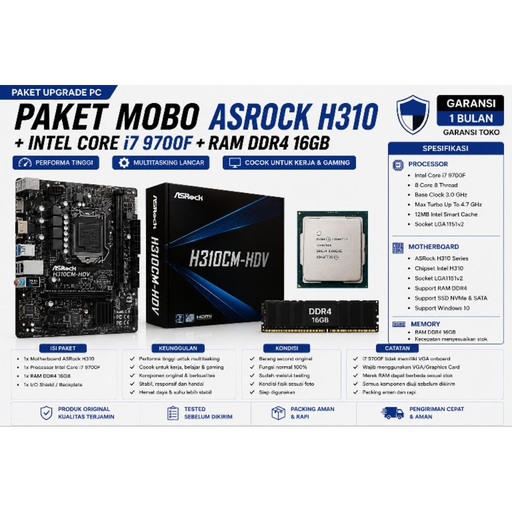 PAKET MOBO ASROCK H310 + I7 9700F + RAM 16GB