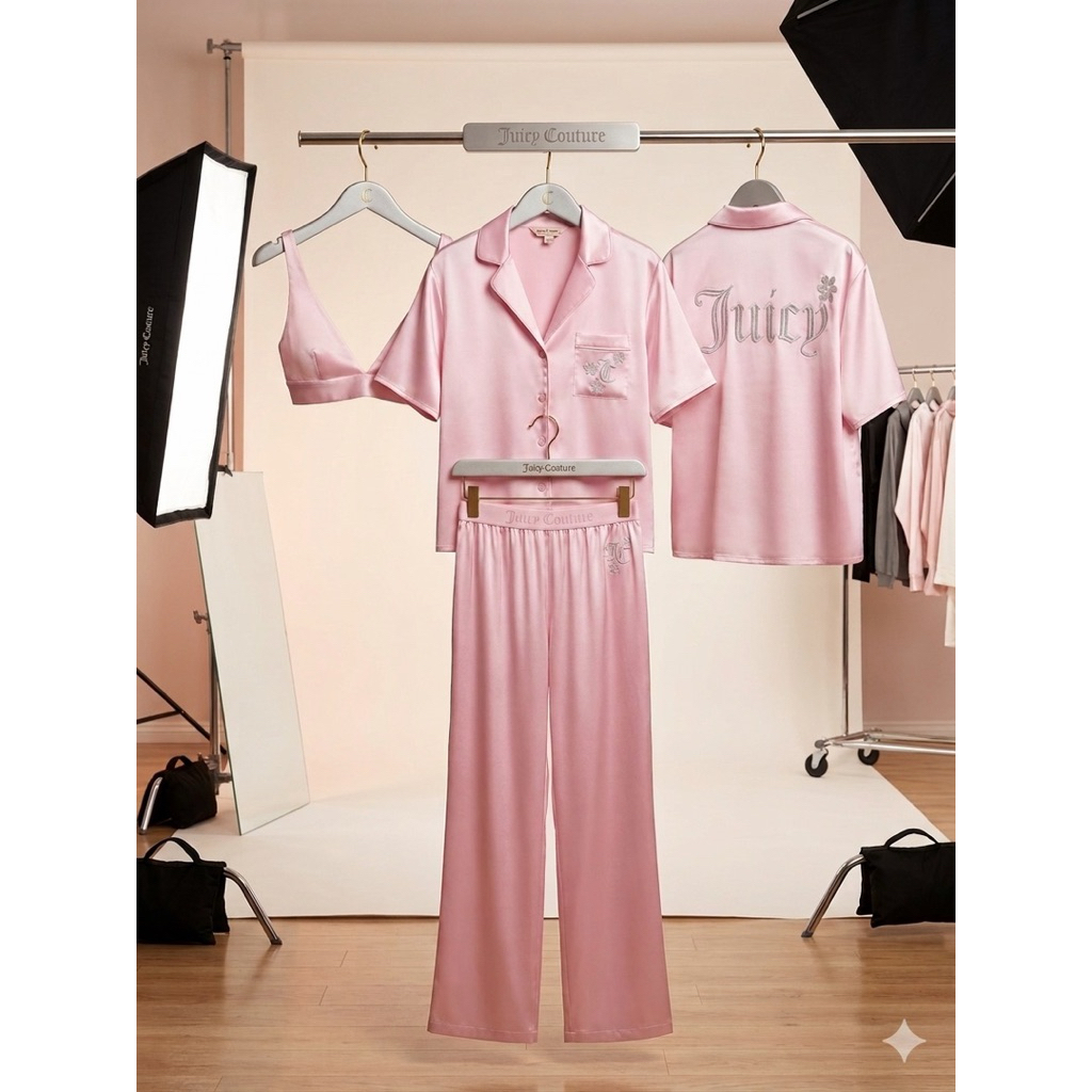 Piyama Wanita Import JC 3 Set Atasan Bawahan Dan Bra Bahan Satin Silk Premium