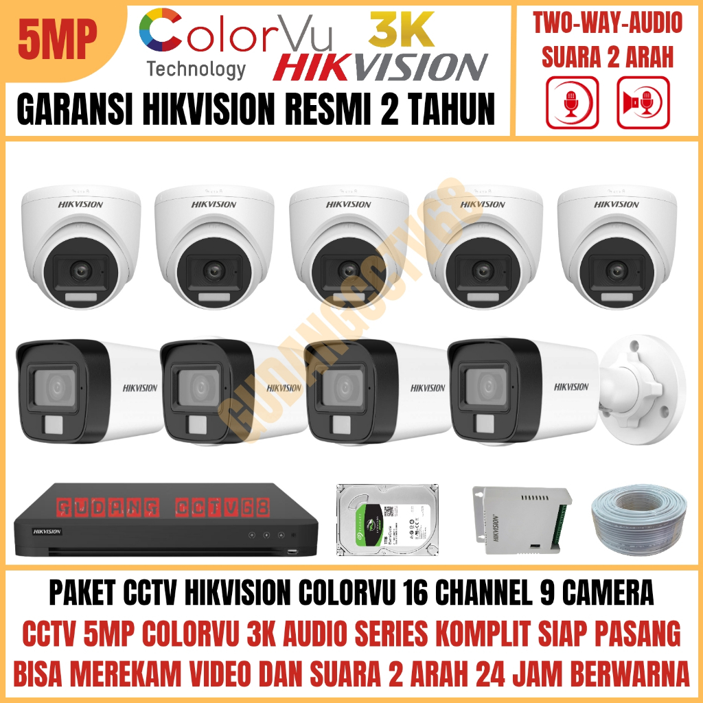 Paket CCTV HIKVISION COLORVU 16 Channel 9 Camera 5MP 3K Full Colour AUDIO TWO WAY Komunikasi 2 ARAH