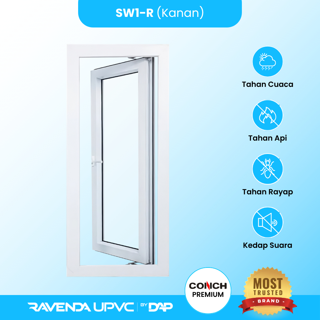 Jendela Swing 1 Daun Ravenda UPVC | Jendela Buka Samping Minimalis Kaca Custom Ukuran