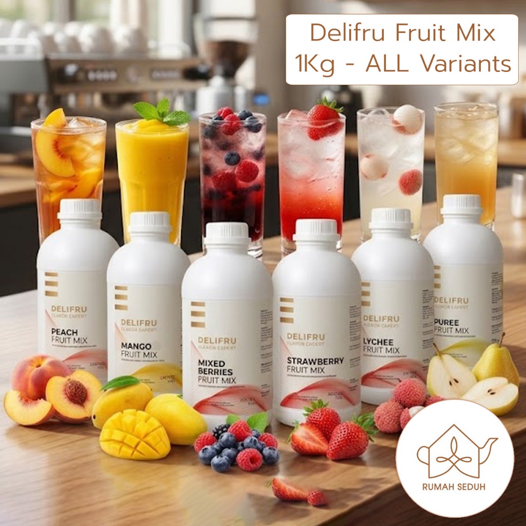 Delifru Puree Fruit Mix 1Kg - Strawberry Puree - Lychee Puree - Mixed Berry, Peach, Mango dengan bul