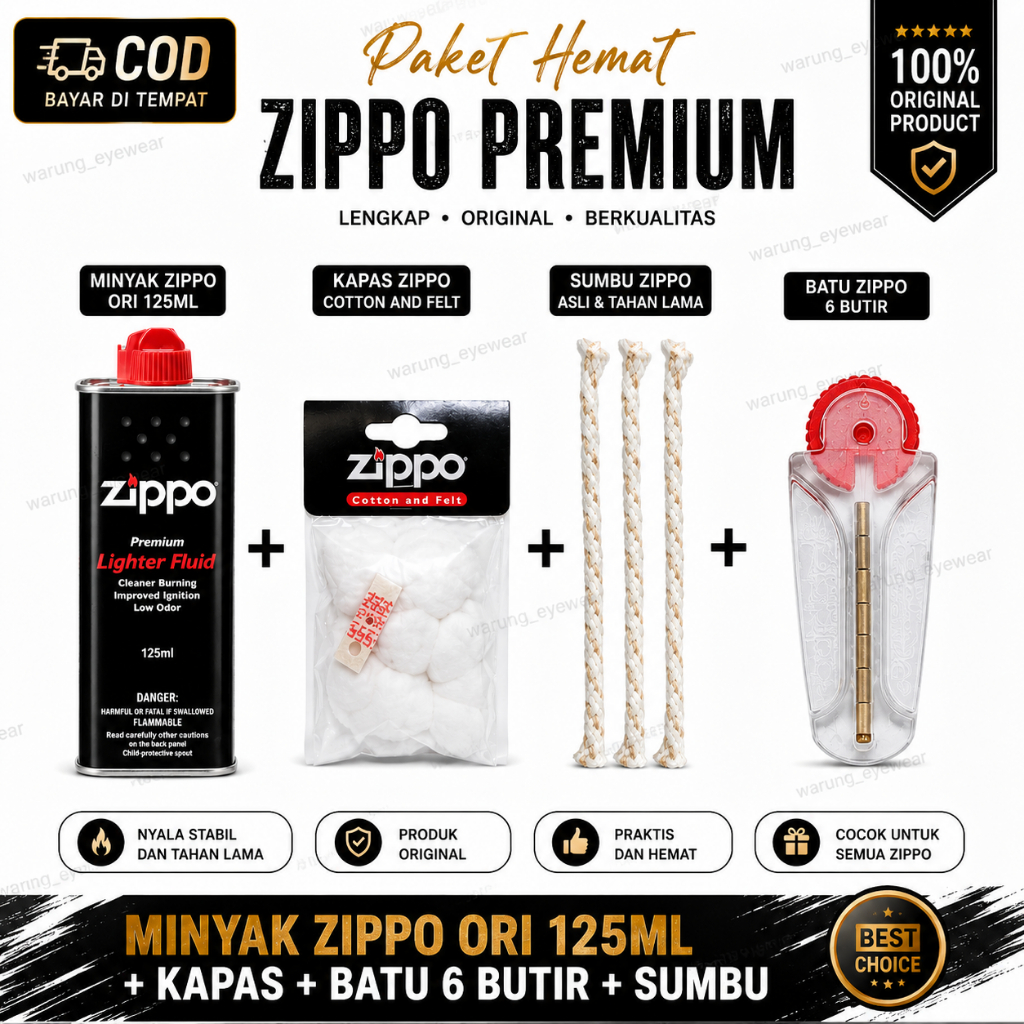 COD - Paket hemat minyak zippo original 125ml Kapas zippo / batu zippo