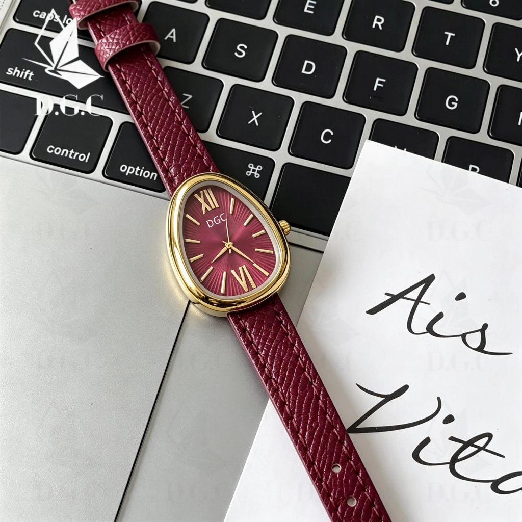 DGC W686 Jam Tangan Wanita Dgc Tali Kulit Maroon Dial Unik Fashion Elegan Gaya Vintage