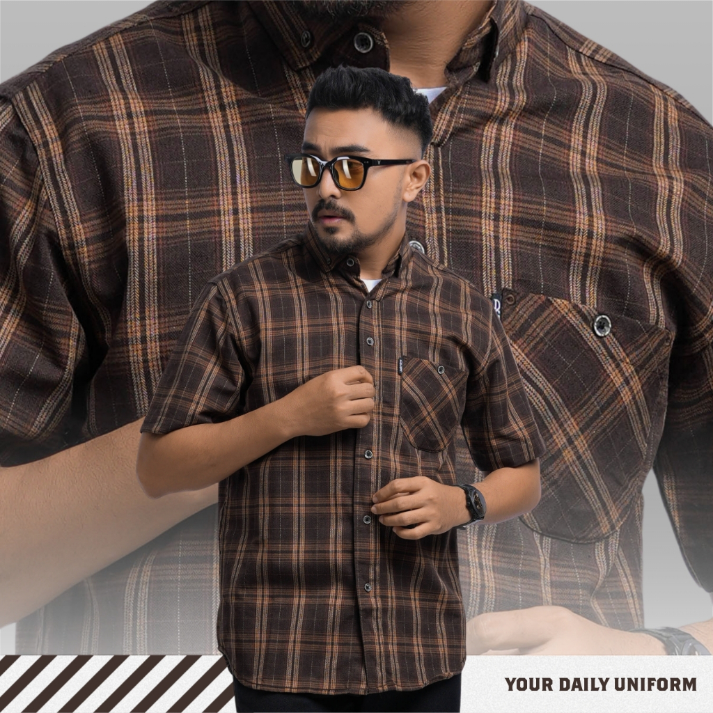 DGM Kemeja Pendek Kemeja Pria Flanel Pendek Kemeja Flanel Pendek Flanel Pria Pendek Coklat Garis Ora