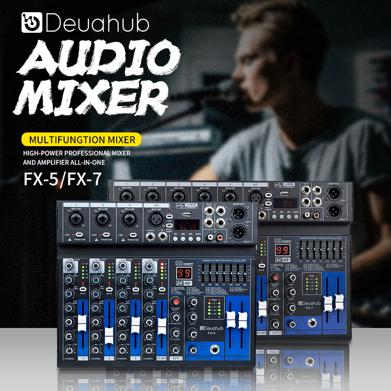 Deuahub Audio Mixer Mixer Profesional 5-Channel/7-Channel FX-5/FX-7 Mixer Penguat Sinyal USB Penguat
