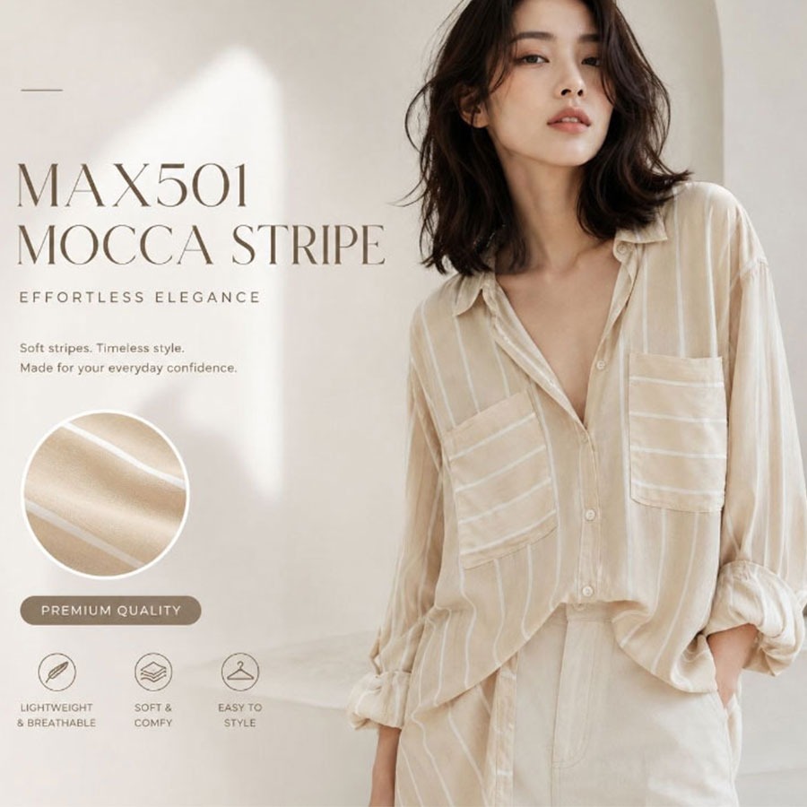 MAX 501 COOL TECH STRIPE POCKET SHIRT MOCCA Baju Atasan Kemeja Lengan Panjang Wanita