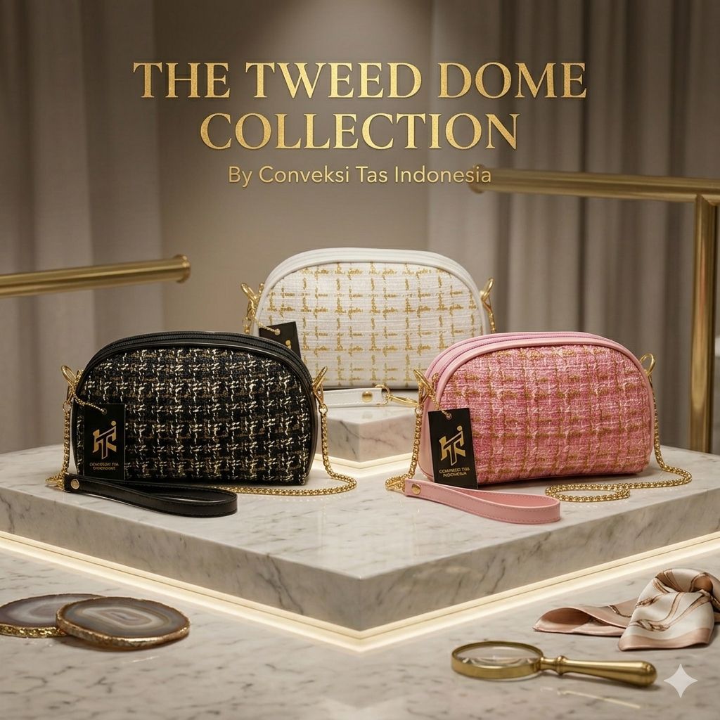 KTI Dompet Bapao Motif Tweed Bahan Kanvas Kombinasi Satin Aksesori Rantai Emas Stylish