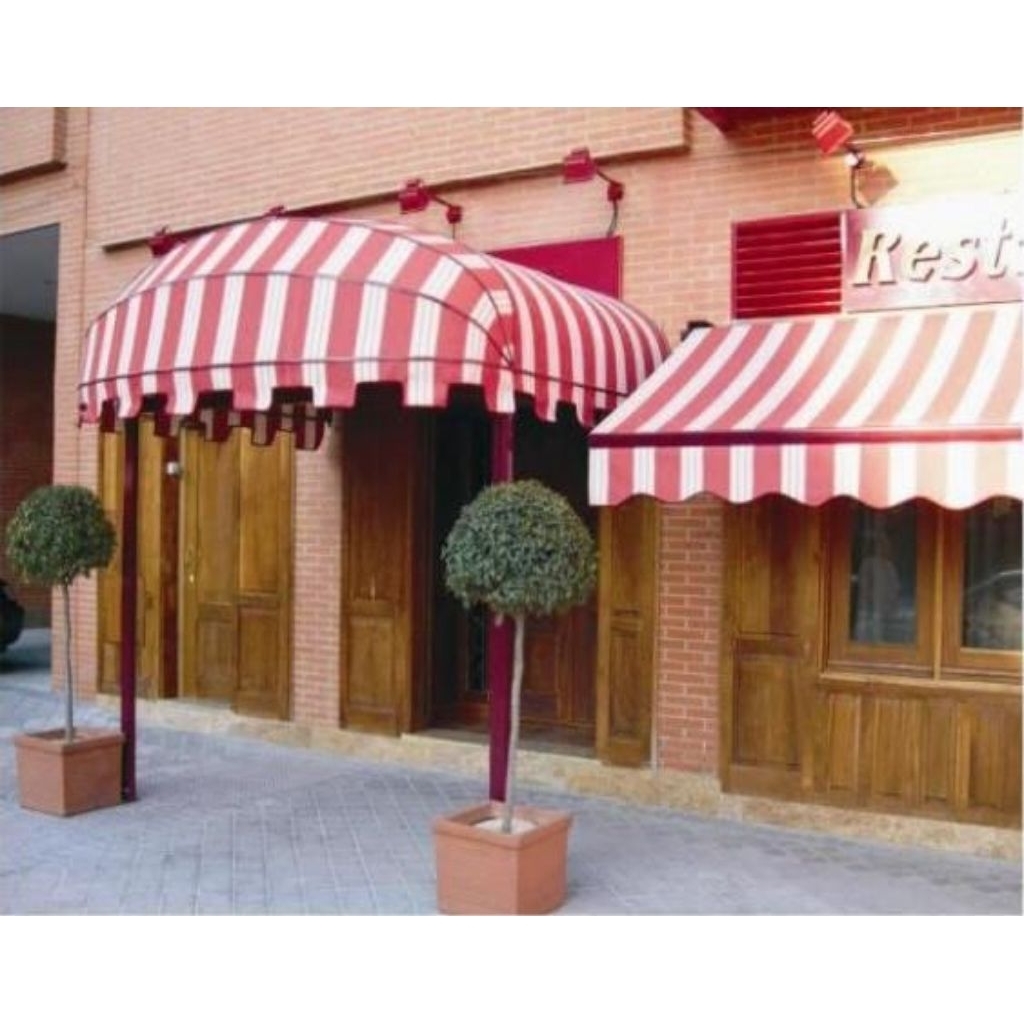kanopi kain awning bergaris merah putih elegan dan menarik untuk tampilan fased